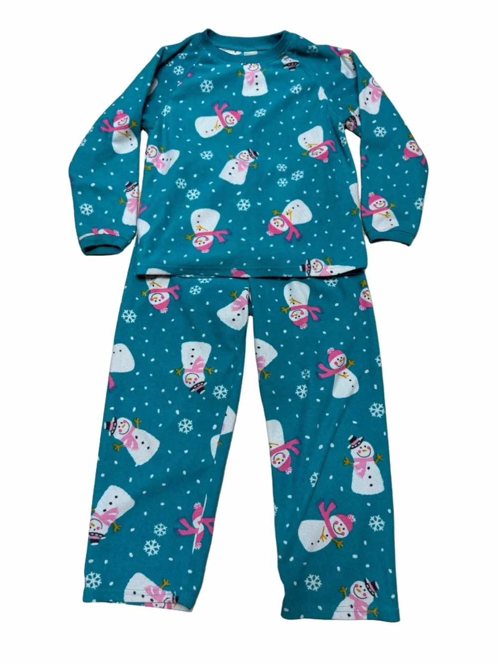 The Children’s Place Girls 7/8 Snowman Teal Fleece 2 Piece Pajama Set Winter